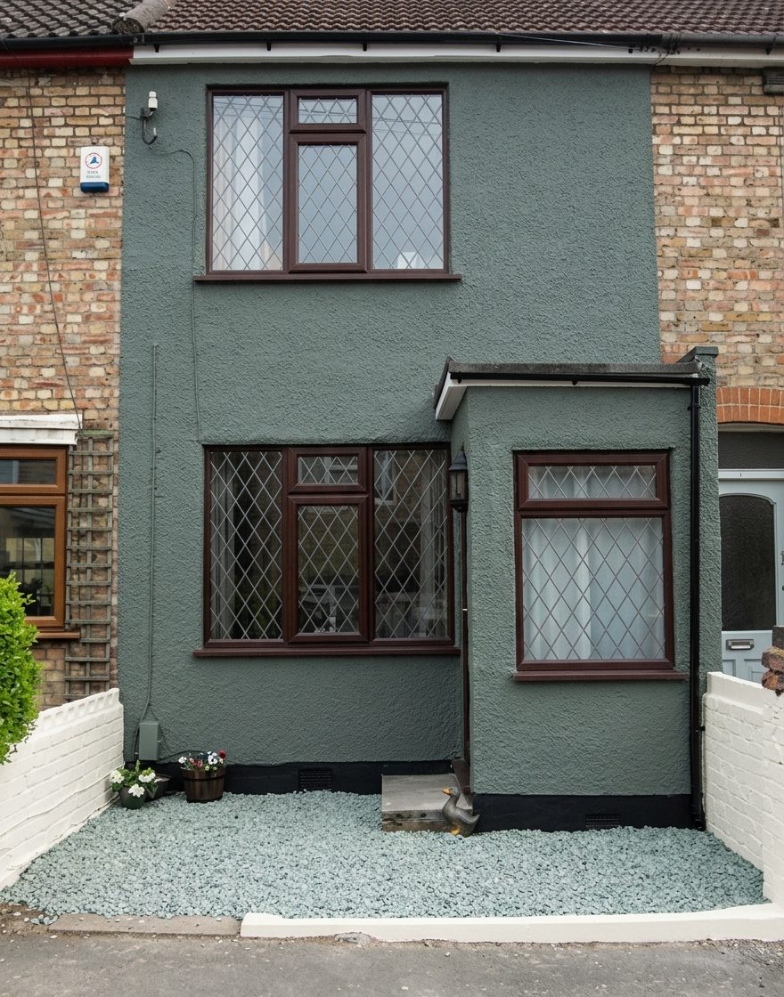Exterior render repaint with a colour change, terraced house front