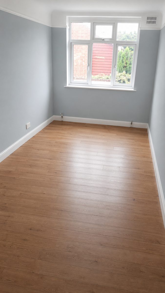 Bedroom repaint in a soft blue-grey with new flooring
