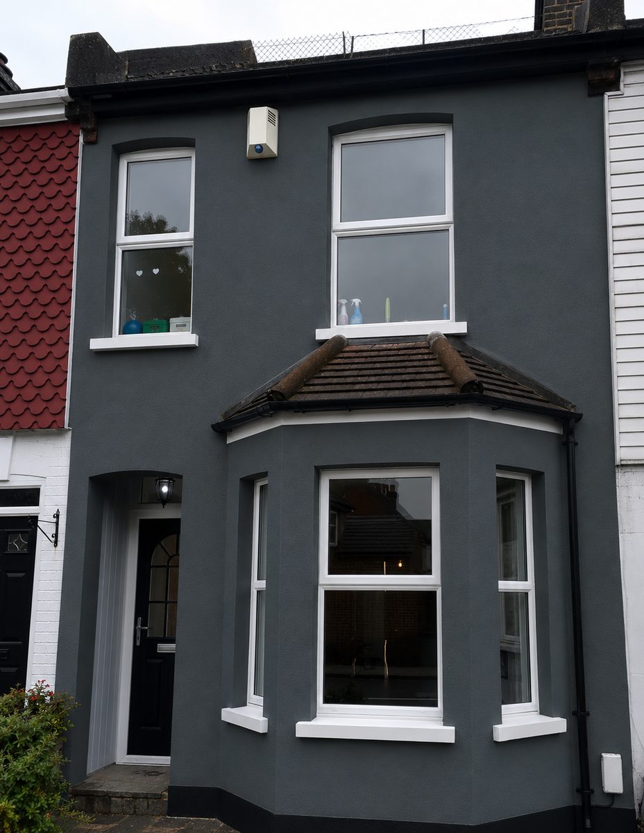 Exterior render repaint, dark charcoal grey, terraced house front